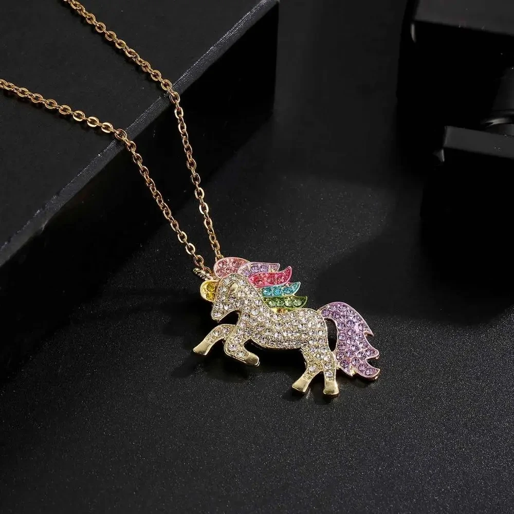 Luxury Crystal Unicorn Jewelry Set Cute Gold Color Rainbow Horse Necklace Bracelet Rings Earrings For Girls