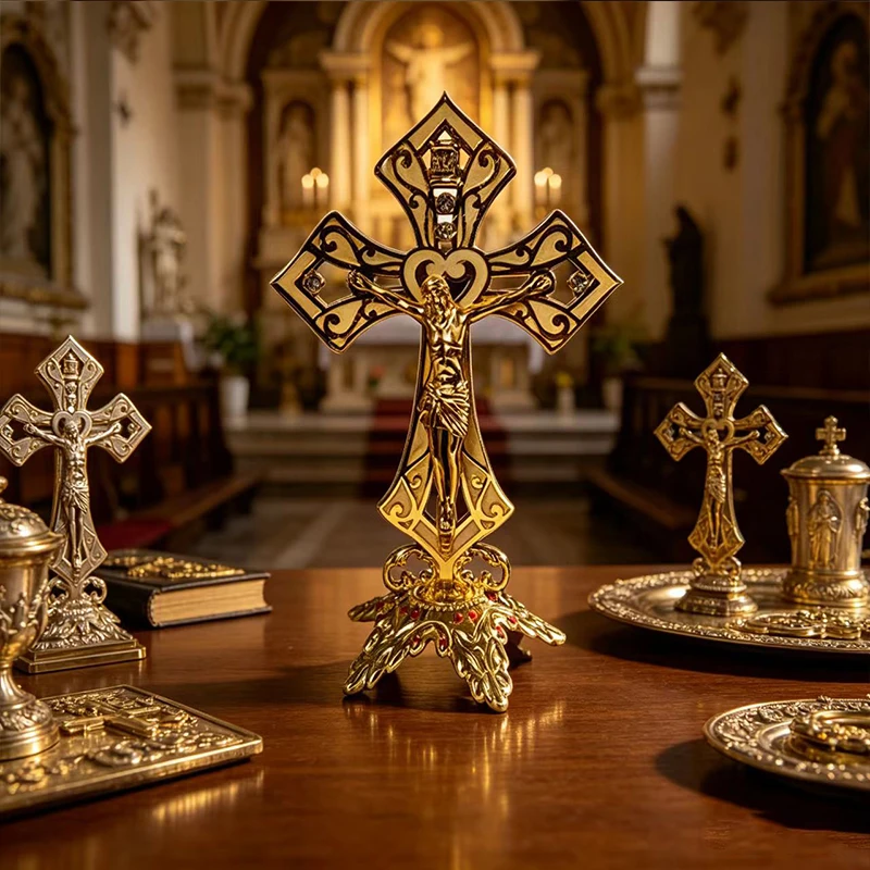 

19cm Gold Plated Standing Crucifix Cross with Openwork Heart Design & Rhinestones for Catholic Home Altar Prayer Decor Gift
