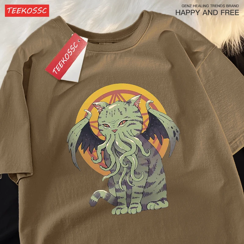 Japanese Harajuku Cursed Cat Print Tshirts Men Women Fashion Cotton T Shirts Summer Breathable Tee Clothes Oversize Street Tops