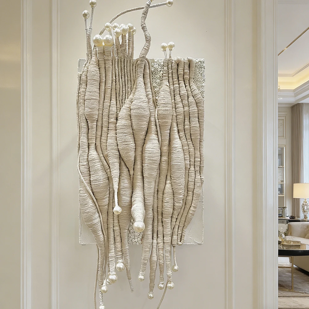 X* Contemporary Luxury Woven Art Ivory 3D Textured Wall Sculpture with Pearl Accents for Upscale Entryways#