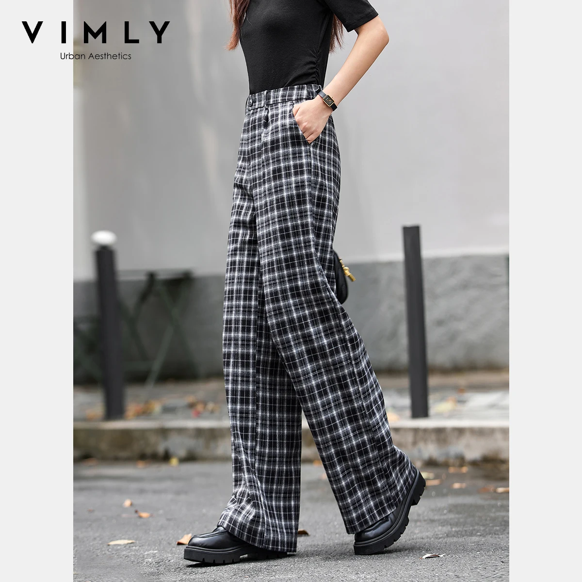 VIMLY Woman Plaid Trousers England Style Autumn 2025 New Baggy Button Female Pants Casual Pockets Long Pants Ropa De Mujer A2788