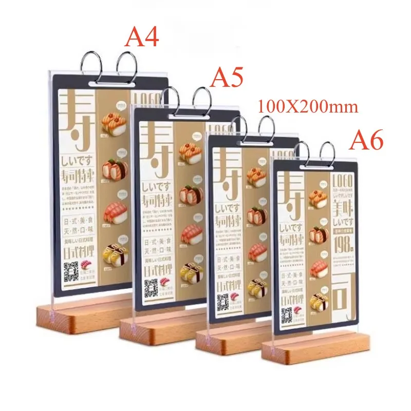 Page Flipping Menu Poster Holder With Wooden Base Picture Frame A4/A5/A6 Acrylic Sign Holder Display Stand For Restaurant Store