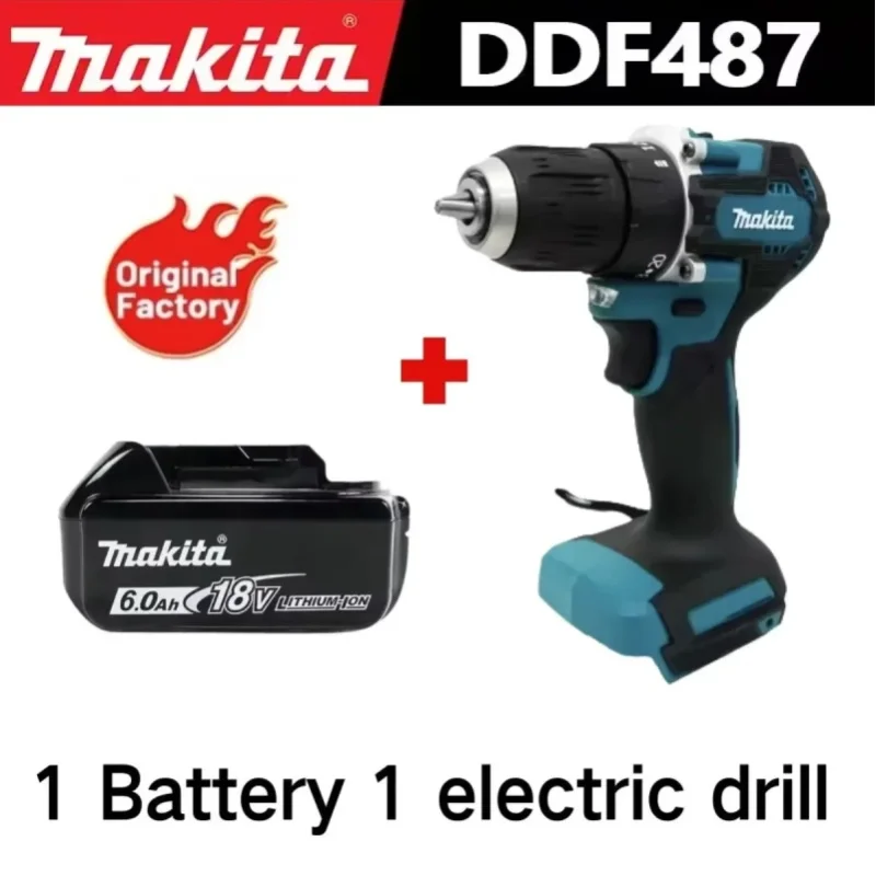 Original Makita DDF487 Akku-Bohrschrauber, bürstenloser elektrischer Schlagschrauber, wiederaufladbares Elektrowerkzeug, 18 V, mit Akku