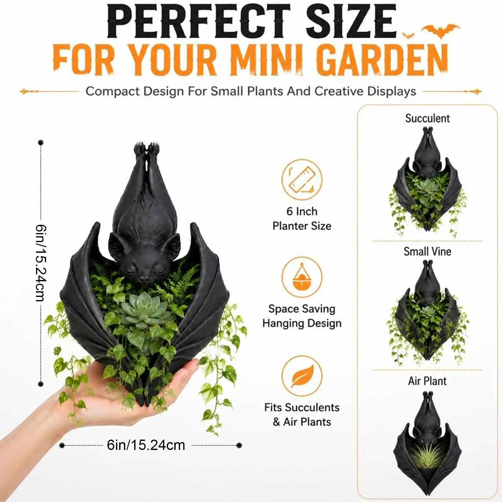 Bat Hanging Planter Unique Gothic Halloween Plant Pot for Succulents and Vines Indoor Outdoor Home Balcony Garden Decor Gift