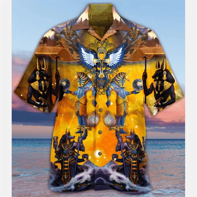 

Egyptian Pharaoh Graphic Hawalian Shirt Men Retro 3D Printed Blouse Summer Casual Short Sleeve Street Aloha Shirts Loose Tops