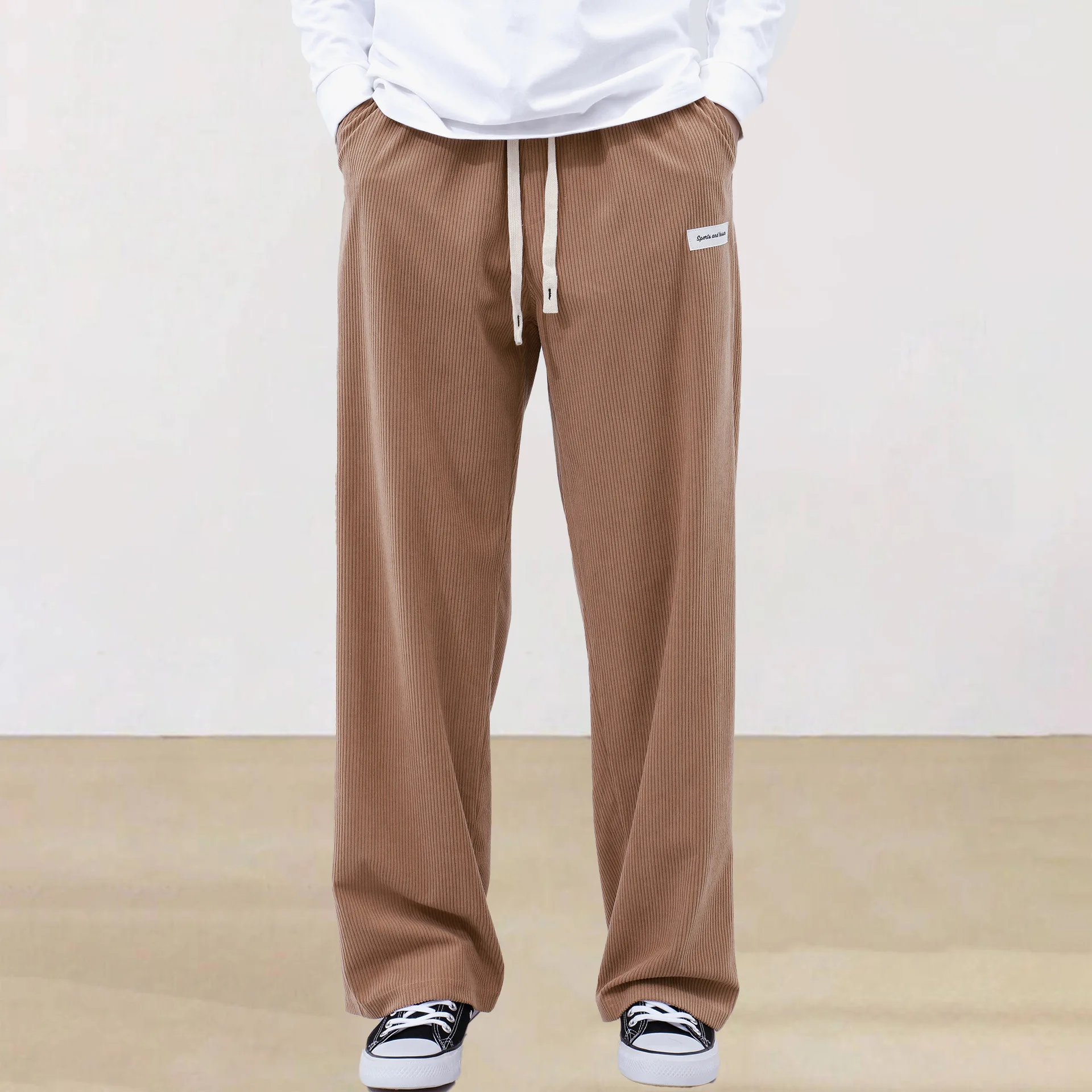 

New Solid Color Lace-up Sporty Simple Straight Men's Casual Corduroy Handsome High-end Wide-leg Pants