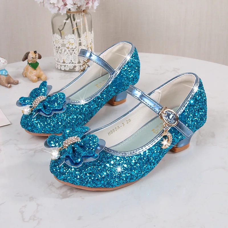 New 2024 Princess Bowknot Leather Shoes Fashion Girls Party Dance Shoes Kids Diamond High Heel Children Girl Dance Glitter Shoes