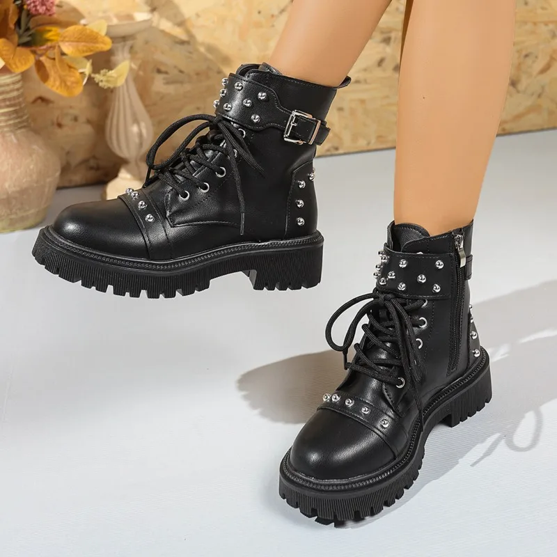 Studded Block Heel Booties Fashion Round Toe Lace-up Platform Non-Slip Wear-Resistant Women's Shoes