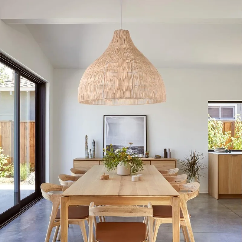 Rattan Pendant Light Fixtures, Basket Woven Dome Rattan Chandelier Lampshade, Large Wicker Hanging Lamp for Kitchen Island