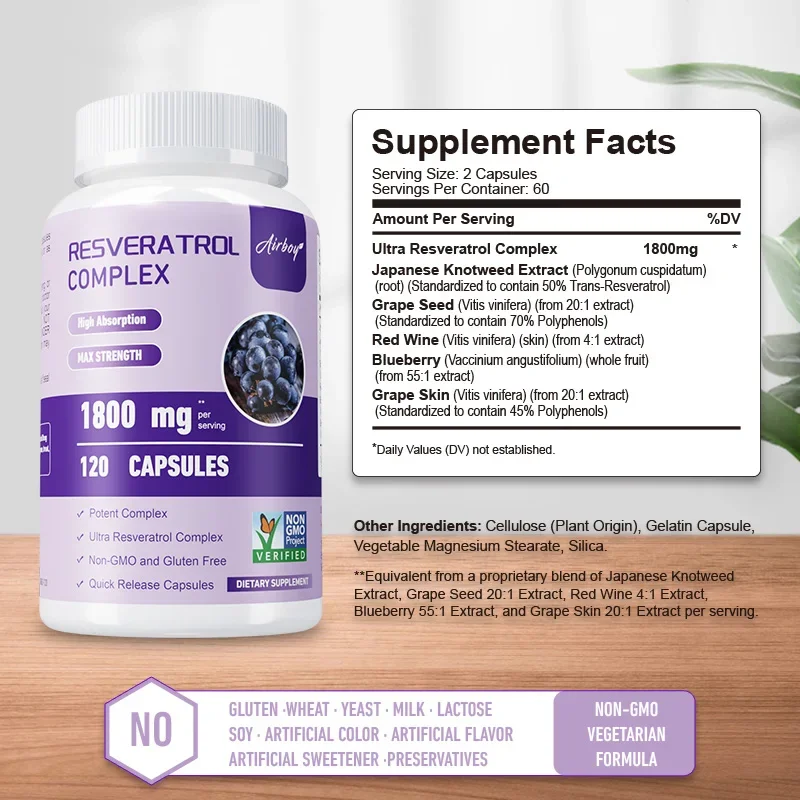 Resveratrol Complex - Supports Cardiovascular Health, Protects Arteries, Boosts Immune System,Promotes Smooth Skin