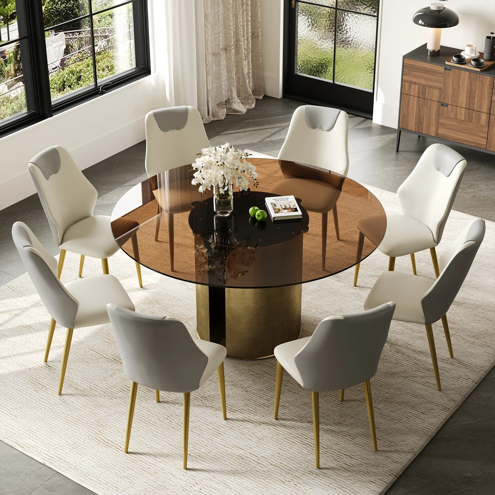 

59-inch Modern Round Dining Set: Dark Brown Glass Top, Antique Copper Steel Base,1 Table+8 Chairs for Kitchen/Living Room