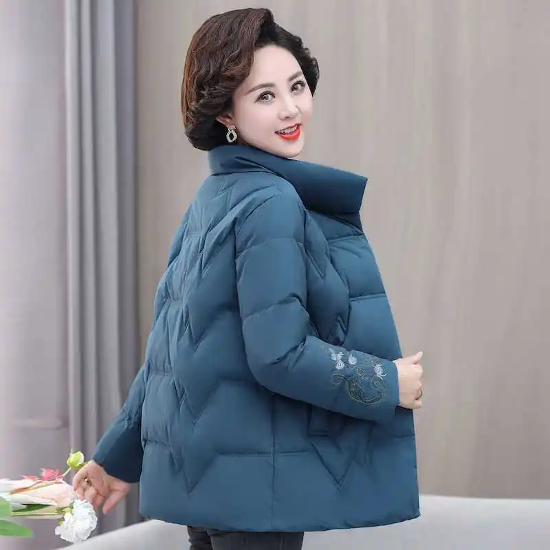 Embroidered Autumn Winter Middle Aged Mother's Short Cotton Coat Standing Collar Thicken Parkas For Women Quilted Jacket