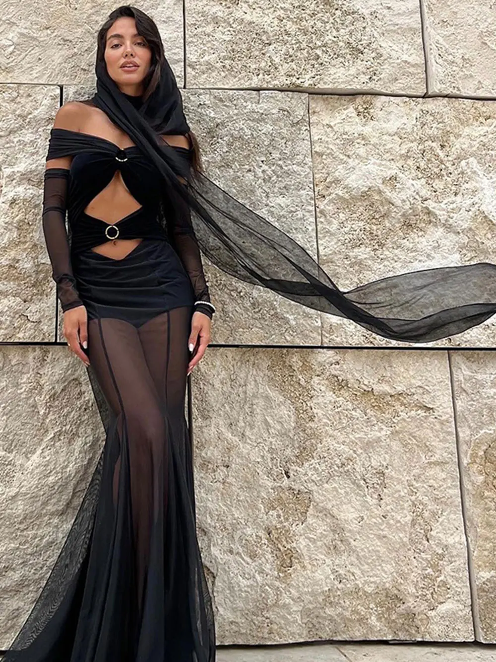 Women'S Sexy See Through Sheer Jumpsuit Off Shoulder Long sleeves Slim Fit Hollowed Out Pleated Jumpsuit + Scarf Two-Piece Set