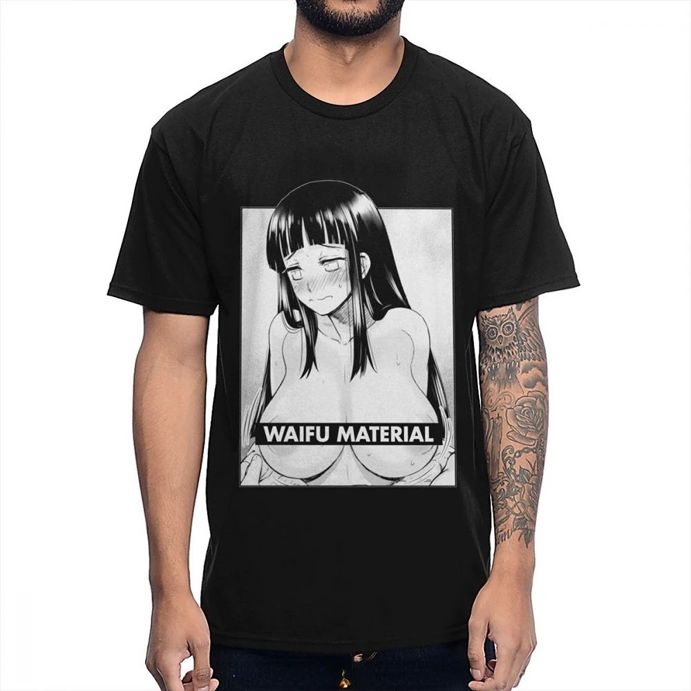 New Japanese Manga Vintage Ahegao Hinata Waifu Material T-Shirt Men O-neck Tshirt Funny Tee Hip Hop Shirt Harajuku Streetwear