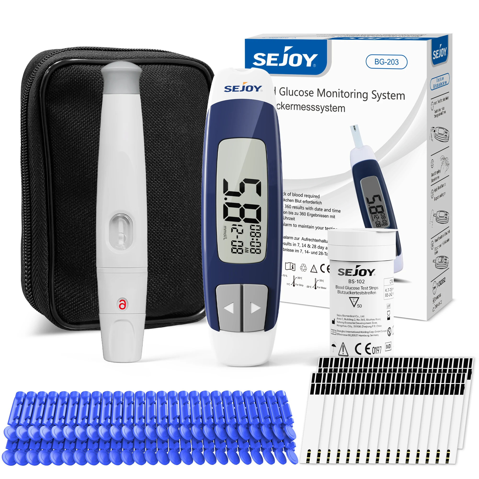 Sejoy BG-203 Blutzuckermessgerät-Set, 50 Stück Teststreifen, Lanzetten für Diabetes-Monitor, digitales Blutzuckermessgerät, Teststreifen werden separat verkauft – Detail 1