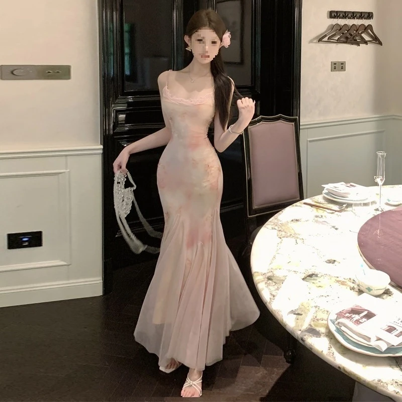 2024 sommer Elegante Blumen Sheer Slim Fit Strappy Sommerkleid Frauen Casual Kleid Sexy Ärmelloses Strand Party Kleid