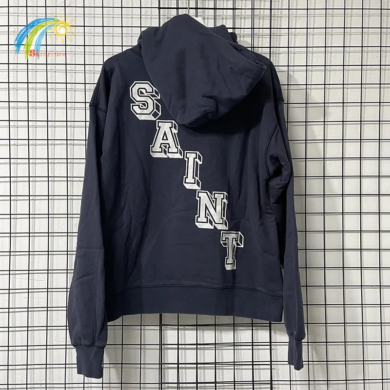 Vintage Washed Navy Blue Classic Crack Pattern Logo Print Saint Hoodie Men Women Best Quality Cotton Oversized Pullover With Tag