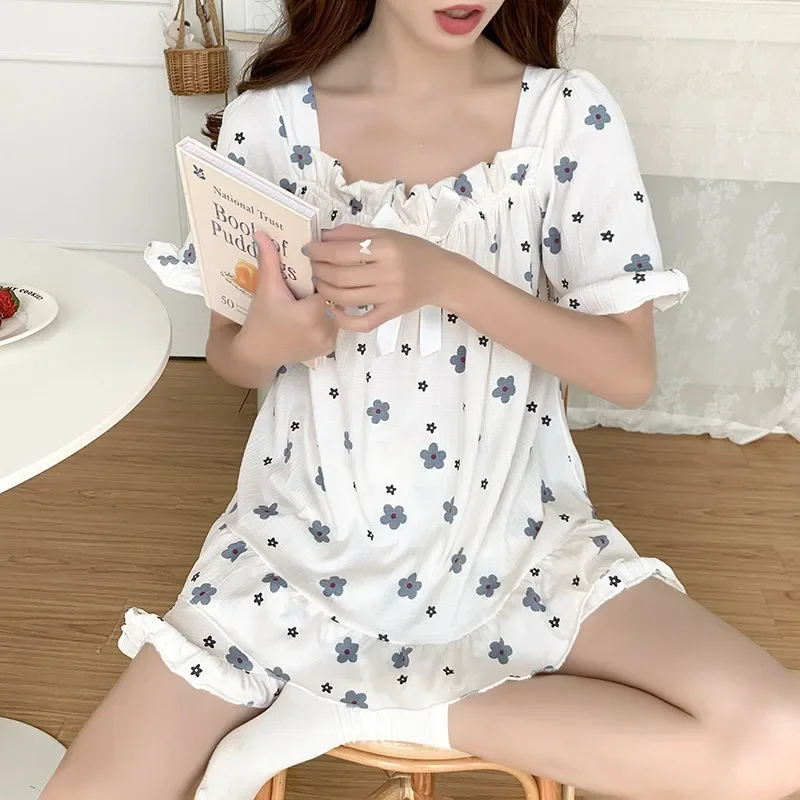 5XL 110KG Large Size Summer Pajamas Korean Ladies Loungewear Princess Style Sweet Cartoon Short Sleeve Shorts Loose Home Clothes