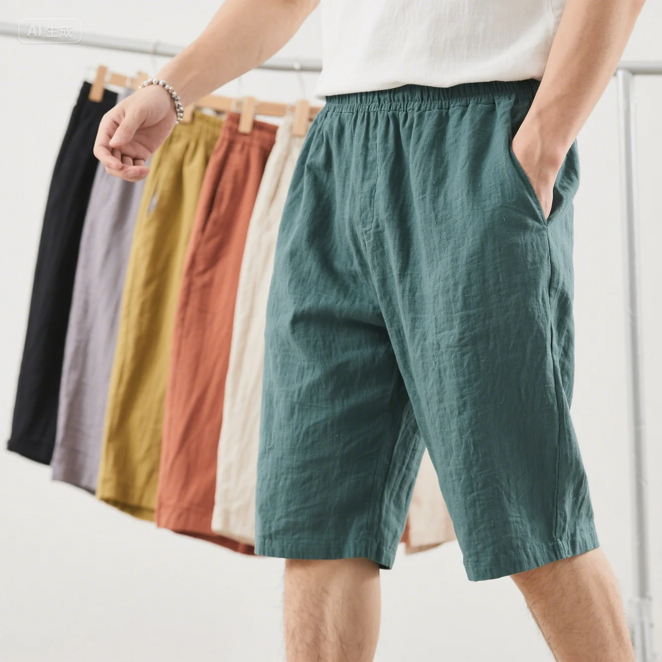 Summer new men's wide leg cropped pants breathable linen comfortable fit fashionable Japanese style plus size optional