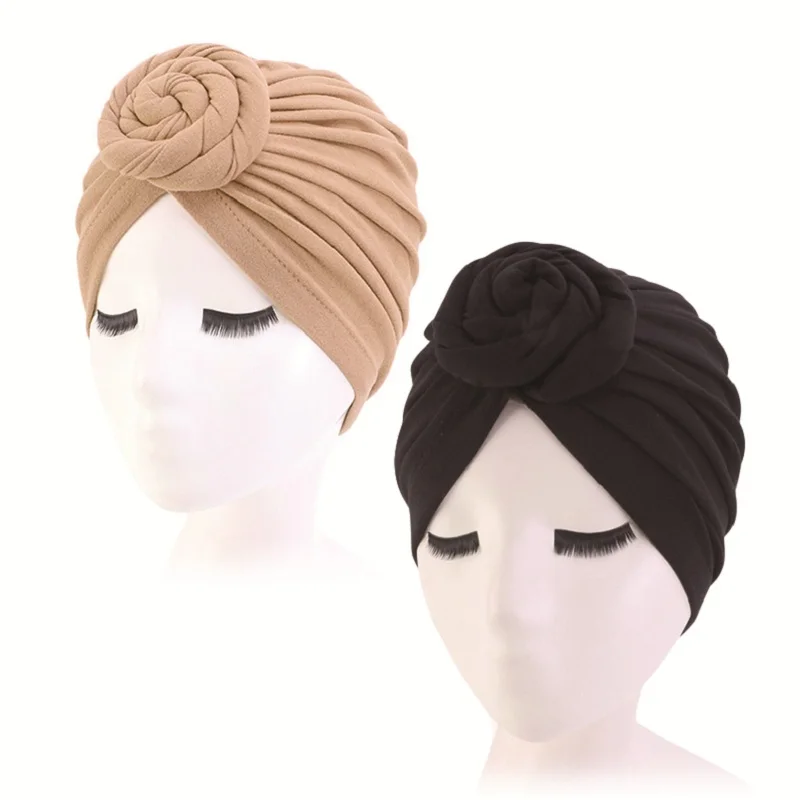 2pcs/lot Women Turban Cotton Top Knot Flower Decor Headwrap Muslim Ladies Hair Cover Beanie Head Wear Solid Color India Hat