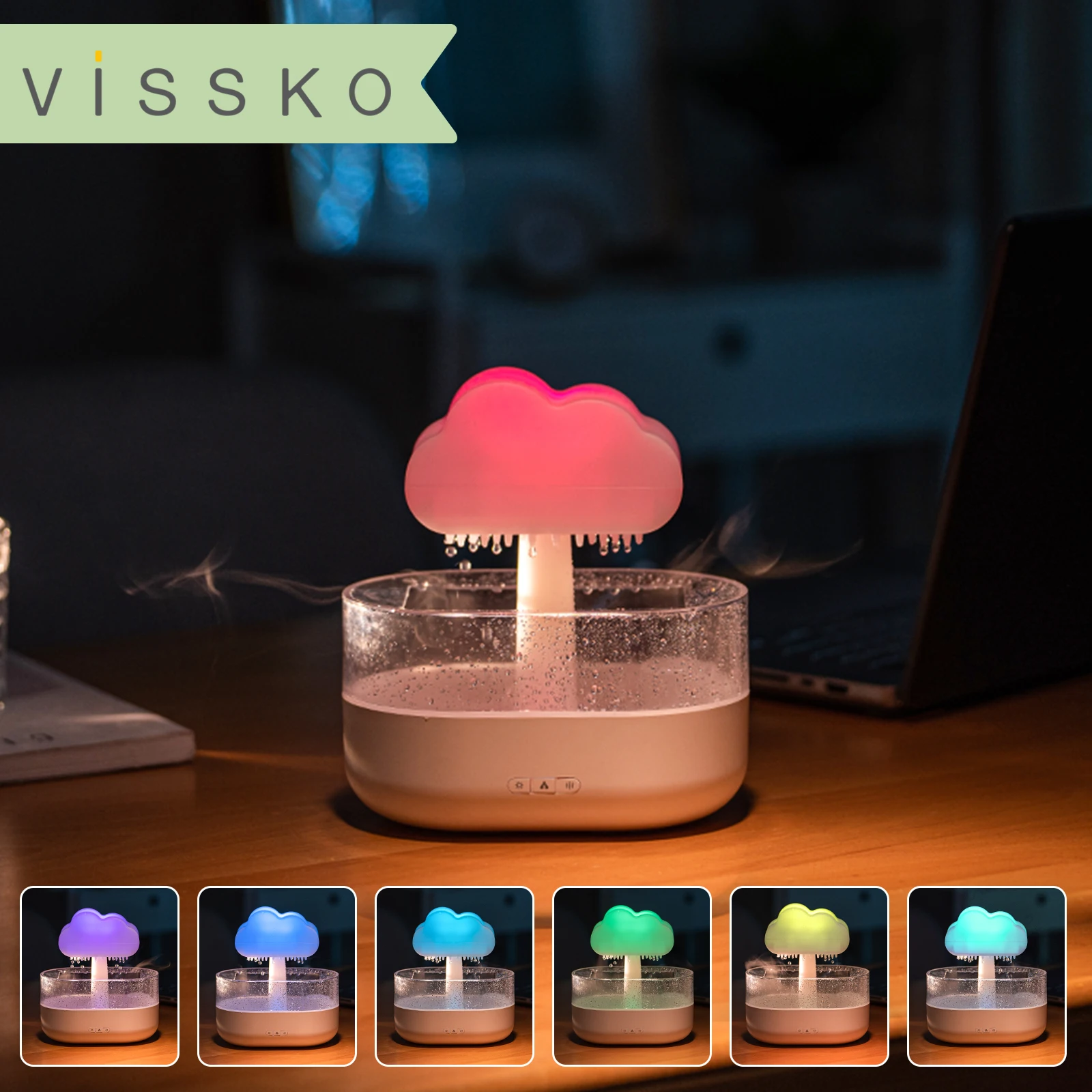 Увлажнитель воздуха Vissko Rain Cloud, 200 мл, аромадиффузор с эфирными маслами и каплями воды и красочным ночником, грибной увлажнитель