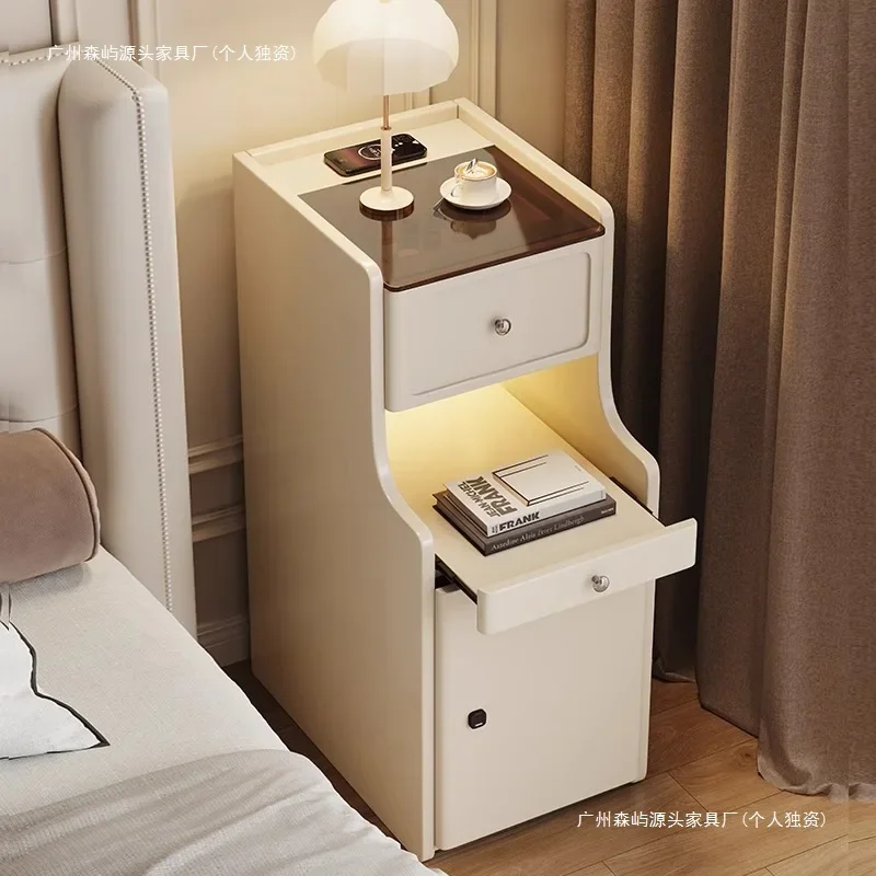 All solid wood intelligent fingerprint lock with lamp, simple modern cream wind bedroom, small apartment bedside table