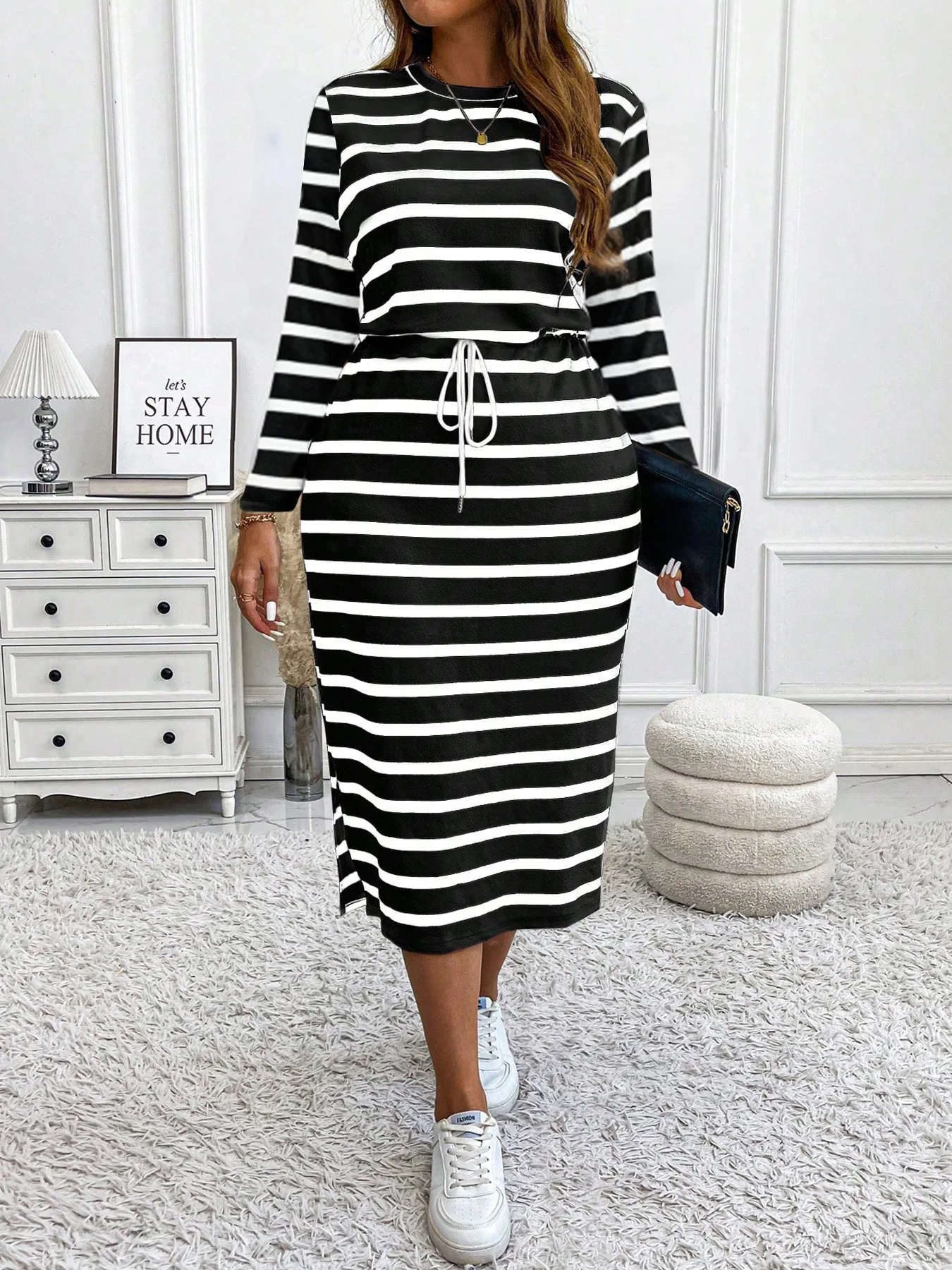 أزياء الخريف والشتاء الاتجاه الجديد فستان كاجوال مريح بشريط أفقي وربطة خصر وأكمام طويلة #2