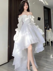 Hot dress,Spring Elegant White Shoulder Fairy Dress Female Chic Princess Puff Dress Women Solid Wedding Party Dress