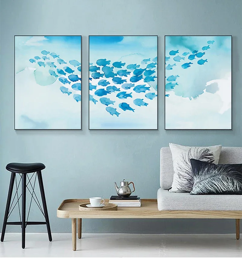 Abstract Poster Cartoon Blue Fish Group Silk Painting Childlike Wall Art Pictures Print Room Decorative For Nursery Children