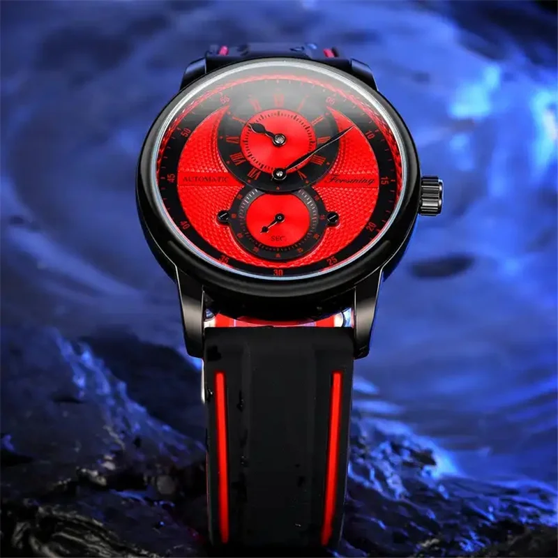 FORSINING 366 Luxury Skeleton Automatic Mechanical Movement Watches For Men Silicone Strap 6 Colors Watch Clock Mechanism