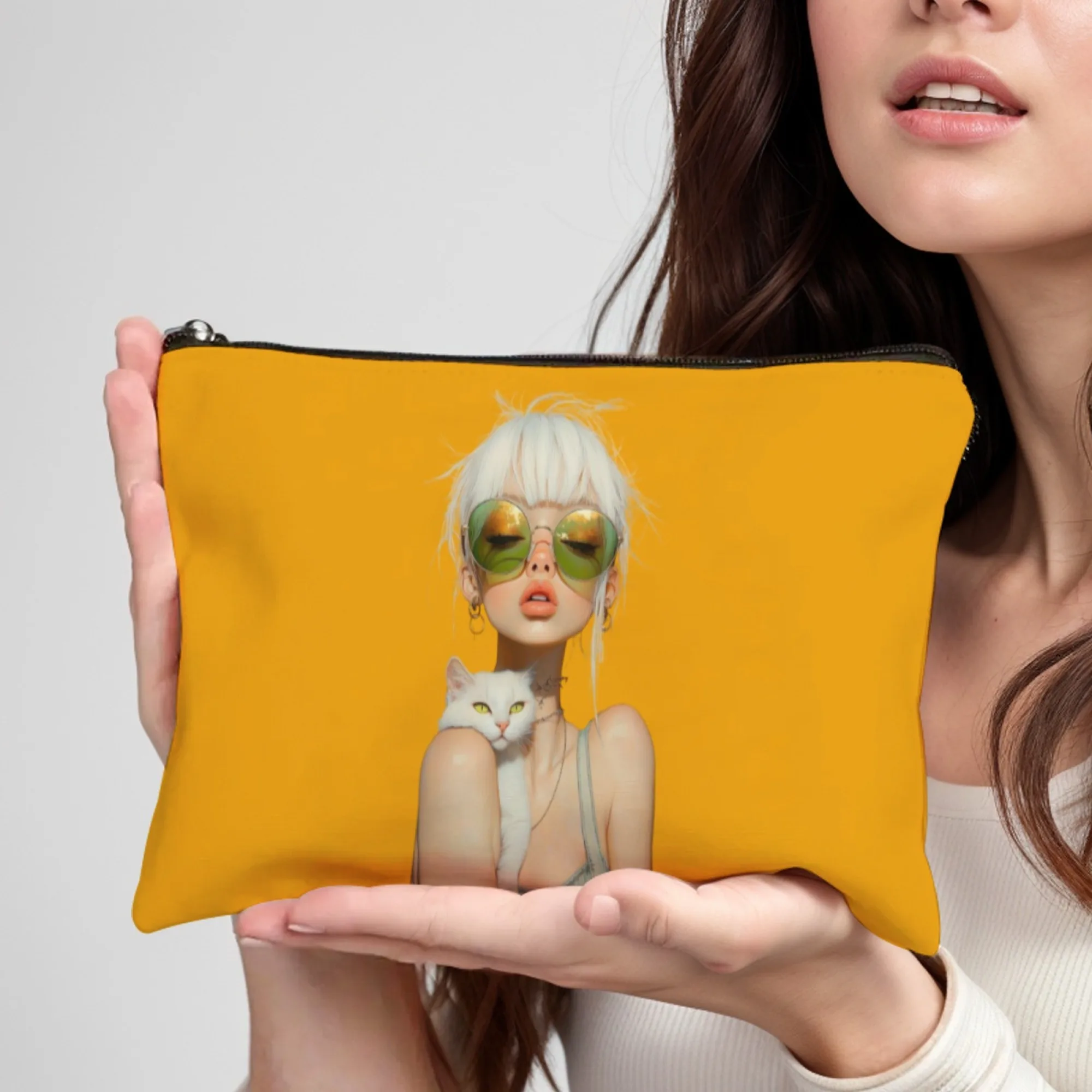 White cat, white hair girl Stylish Zippered Makeup Bag Portable Cosmetic Case with Mirror Durable Travel Toiletry Bag