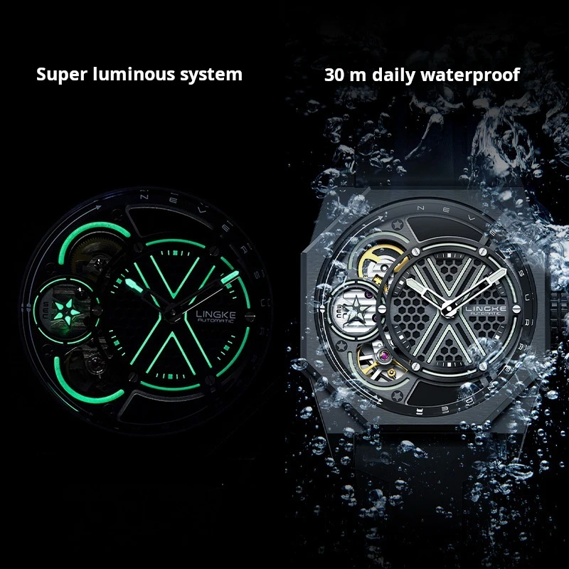 LINGKE Orologio meccanico da uomo di marca Cinturino sportivo in silicone Tourbillon automatico Orologi da uomo Orologio super luminoso impermeabile da uomo