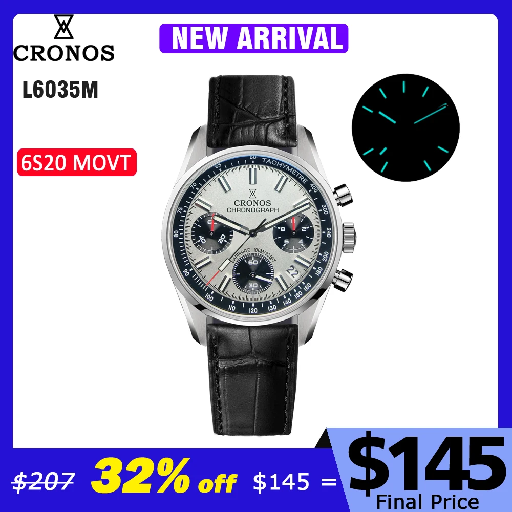 

Cronos Chronograph Quartz Men Watch Miyota S620 Black&White Panda Dial Sapphire 10 ATM Tachymetre Leather Strap