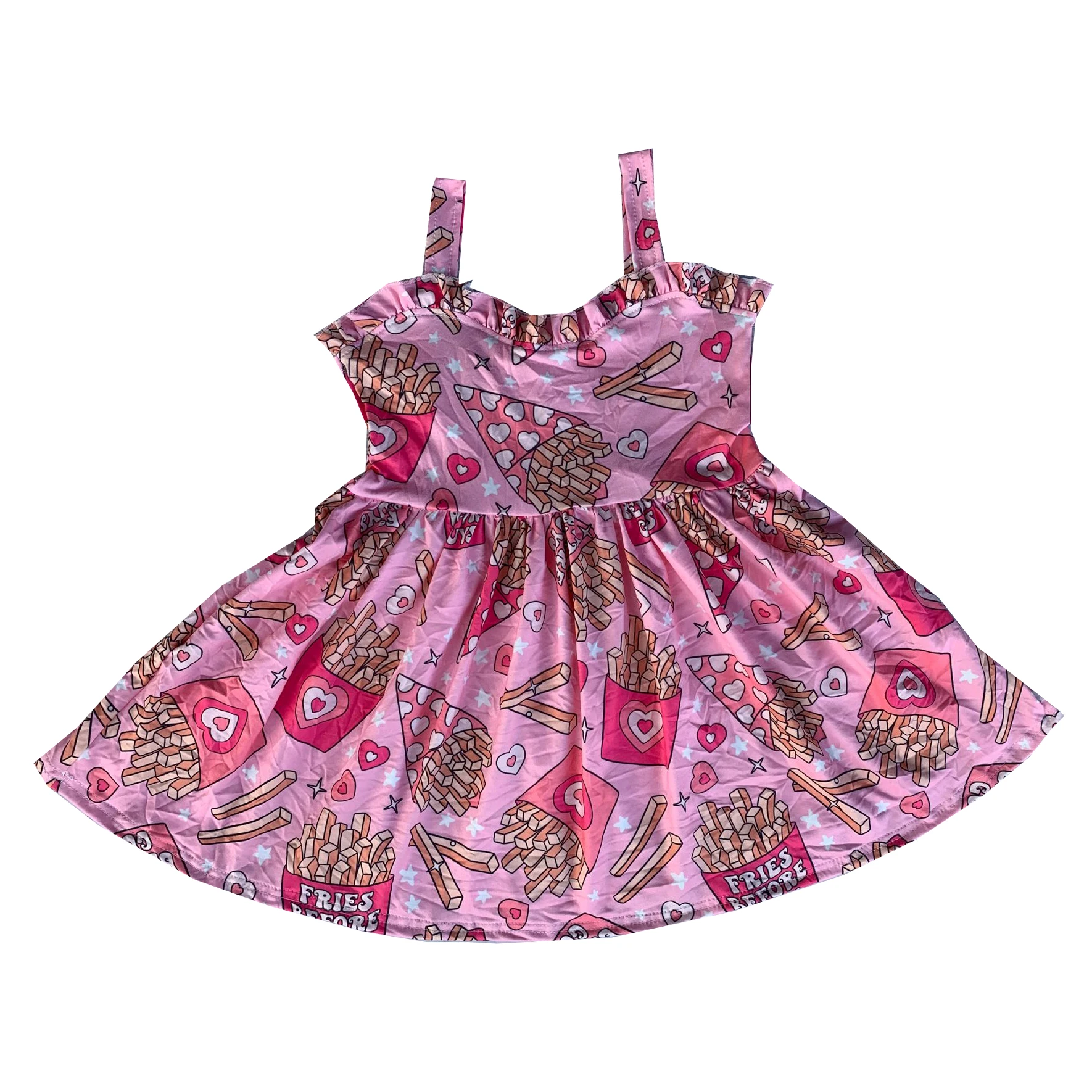 Summer girls dress strap dress Love chip pattern print normal skirt skirt over the knee milk silk fabric