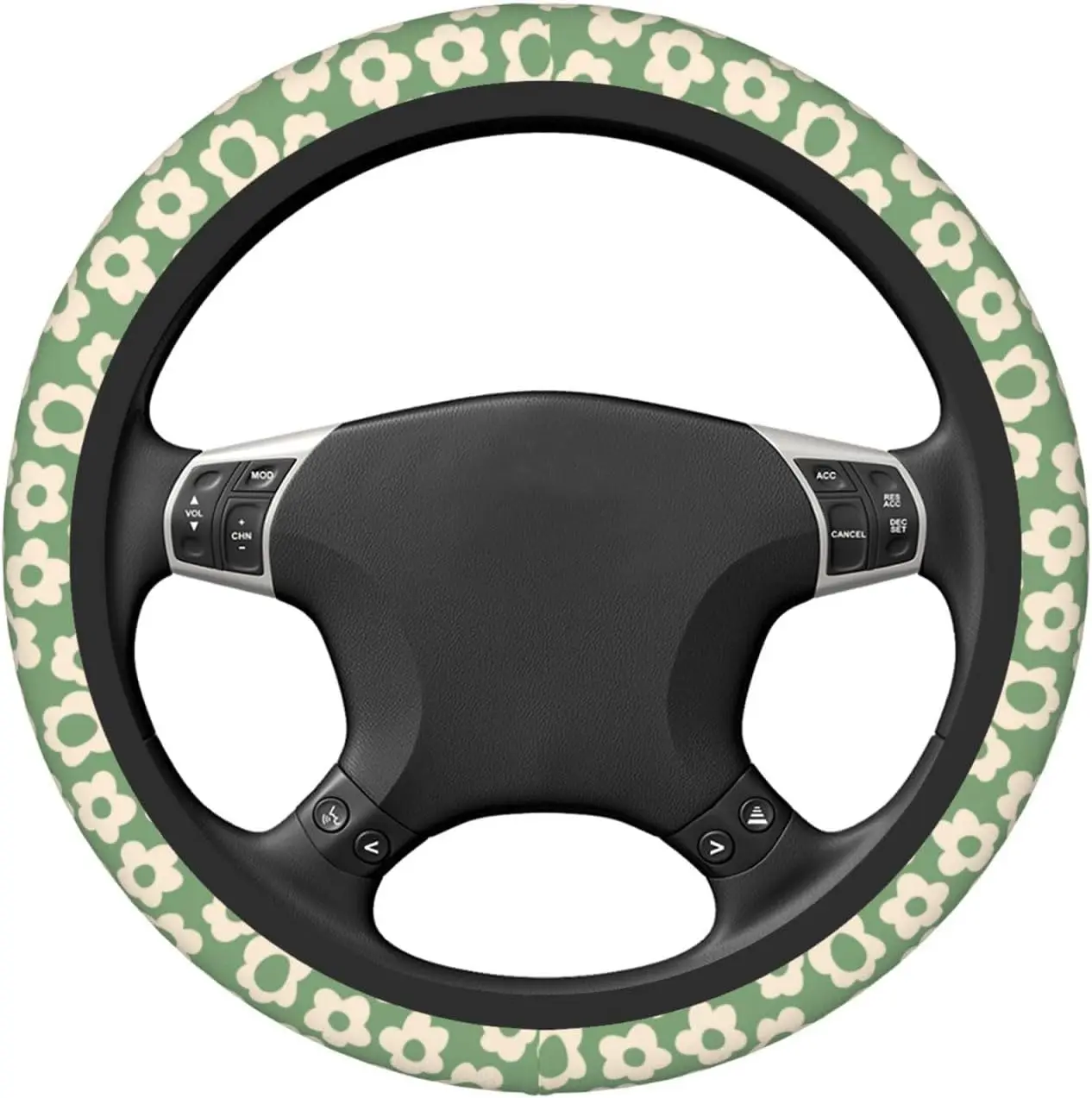 Vintage Groovy Flower Green Retro Steering Wheel Cover for Women Men Girls Car Accessories Decor Anti-Slip Neoprene Auto Steerin