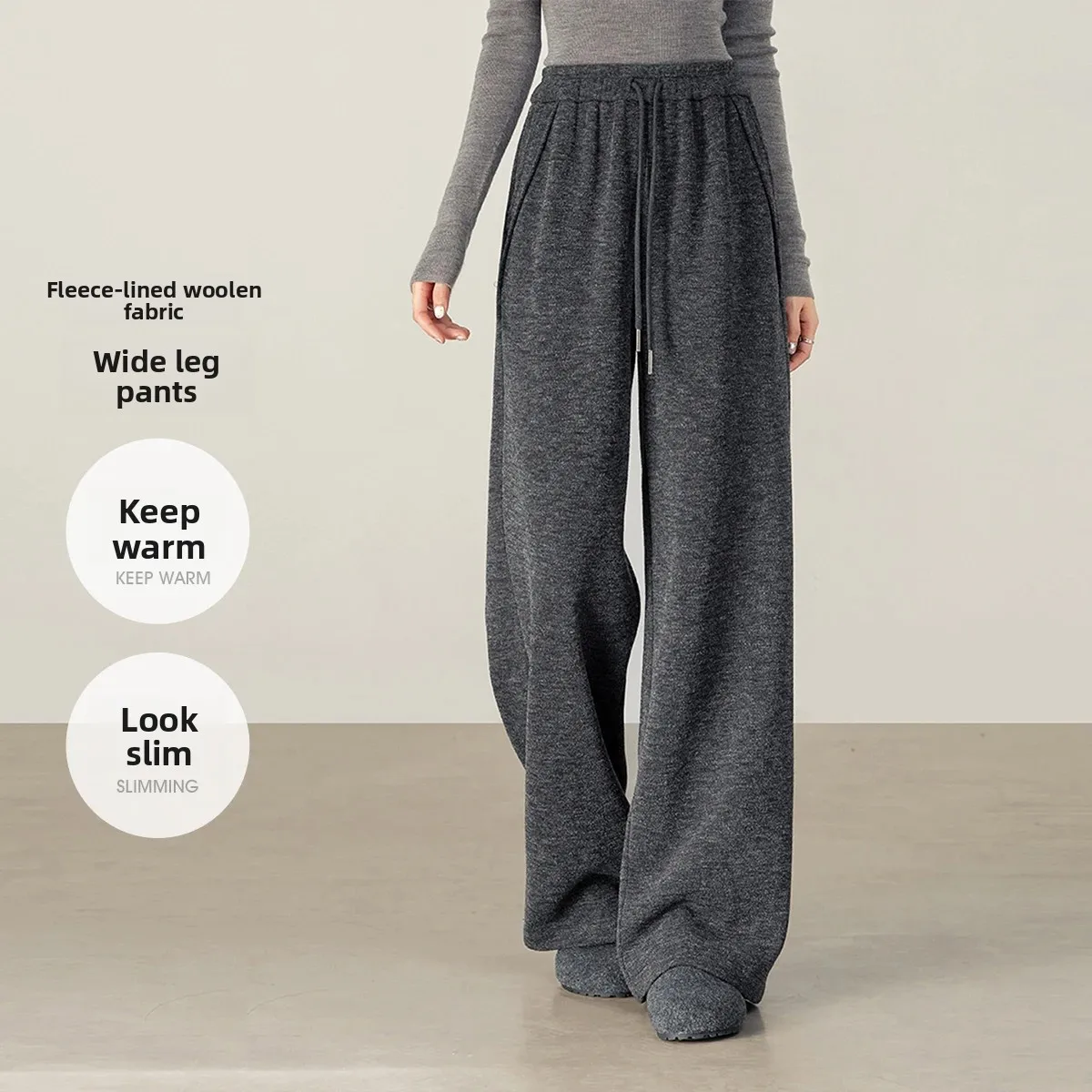 SENTUBILA Damen-Hose mit weitem Bein, 2025, Winter, Kordelzug, elastische Taille, Thermo-Fleece-gefütterte Hose, lockere Passform, Hose 154KD3402