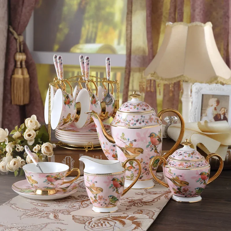 

2024 European Pastoral Style Top-grade Bone China Coffee Cup Set Coffee Pot Teapot Cup Saucer Spoon Milk Pot Sugar Bowl Tray