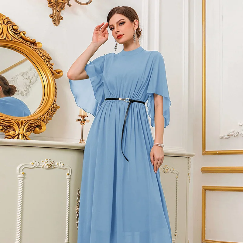 Gaun Maxi lengan Flare Wanita Mode elegan gaun pesta Arab Saudi jubah Turki Abaya Dubai Kaftan Marocain Femme musim panas