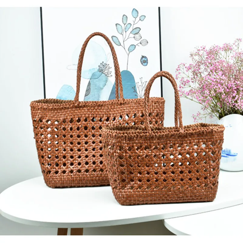 100% Genuine Leather Hollowed Hand Woven Shoulder Bag with Casual Woven Inside Bag Vintage Big Bag Shopping Bag Cowhide Tote Bag