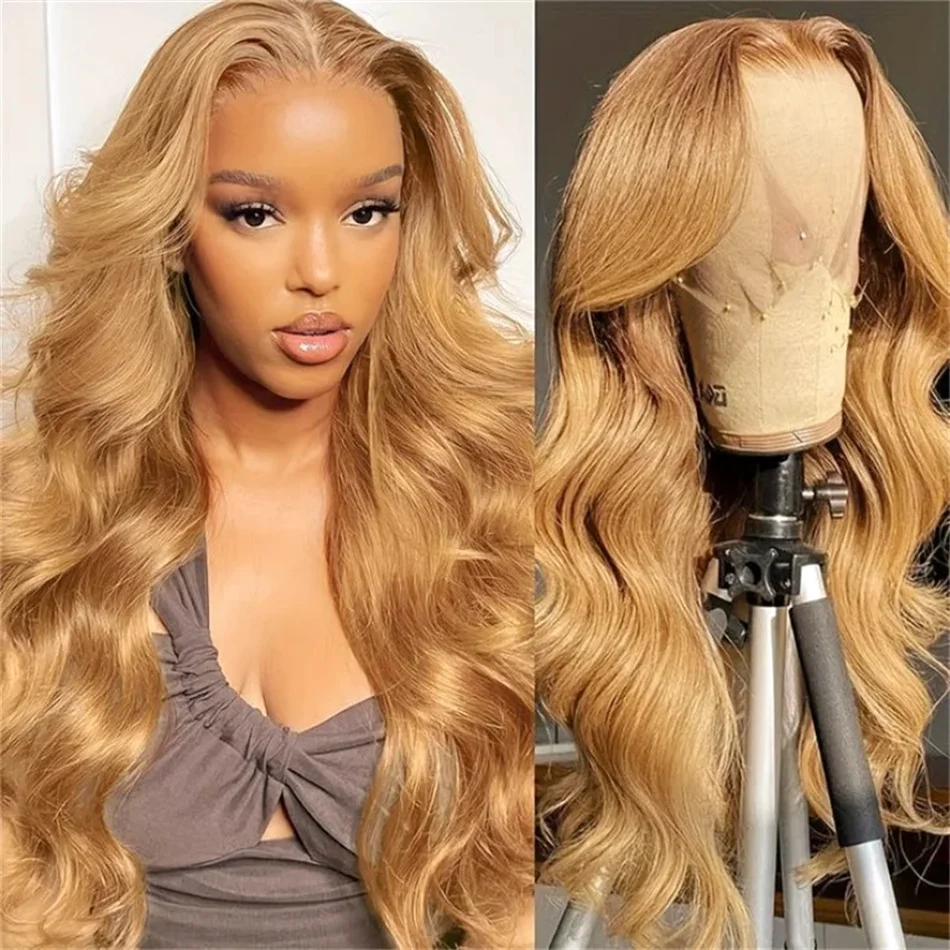 

13x4 HD Transparent Lace Frontal Wigs Honey Blonde Colored Body Wave Lace Front Human Hair Wig Color 27 Pre Plucked For Women
