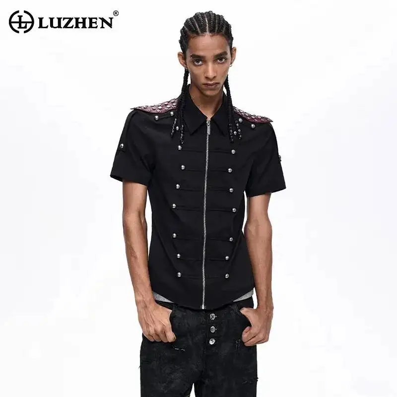 

LUZHEN 2026 Summer Buttoned Decorate Patchwork Design Shoulder Pad Short Sleeve Shirts Men's Fashion Handsome Casual Tops JY6548