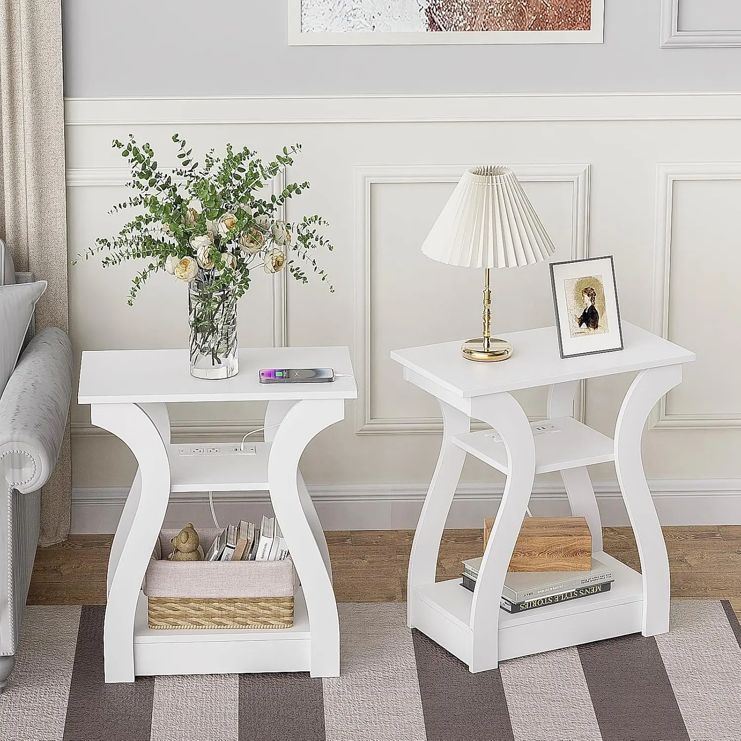 End Tables Living Room Set of 2 with Charging Station, White