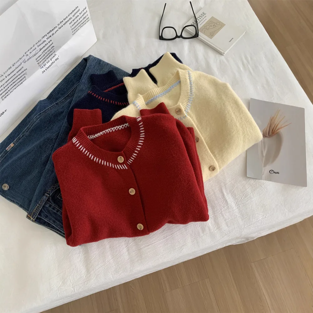 

Вязаный кардиган с открытой строчкой и круглым вырезом, женский свободный свободный уютный теплый свитер, пальто на осень