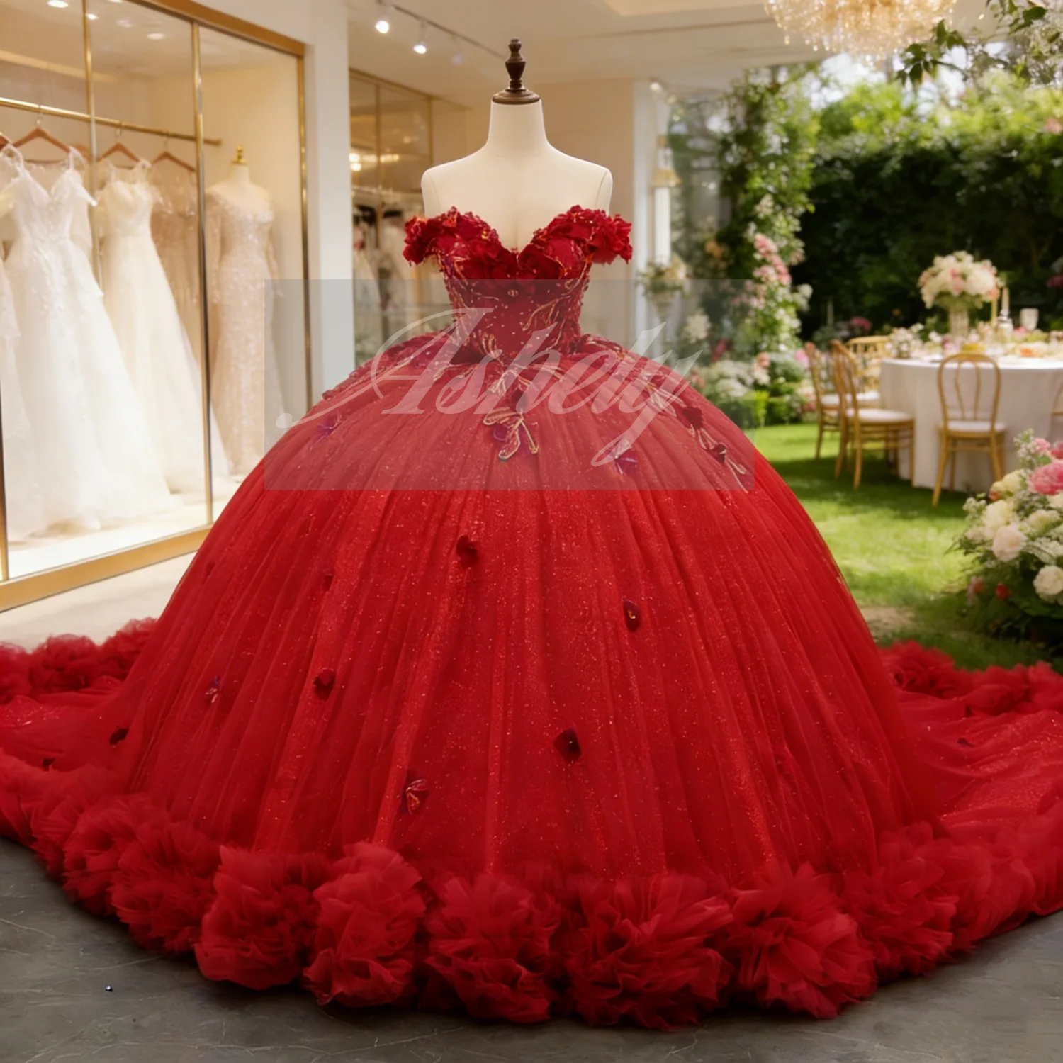 Luxuriöses Mexikanisches Rotes Damenkleid für Hochzeitsgäste und Partys, Schulterfreies Blumen-Schnürkleid, Ballkleid für Abschlussball und Quinceañera, Maßanfertigung