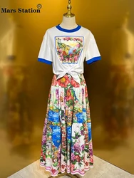 Designer vintage landscape print knit T two-piece marlet 2024 summer women's new + high-waisted loose skirt fashion set