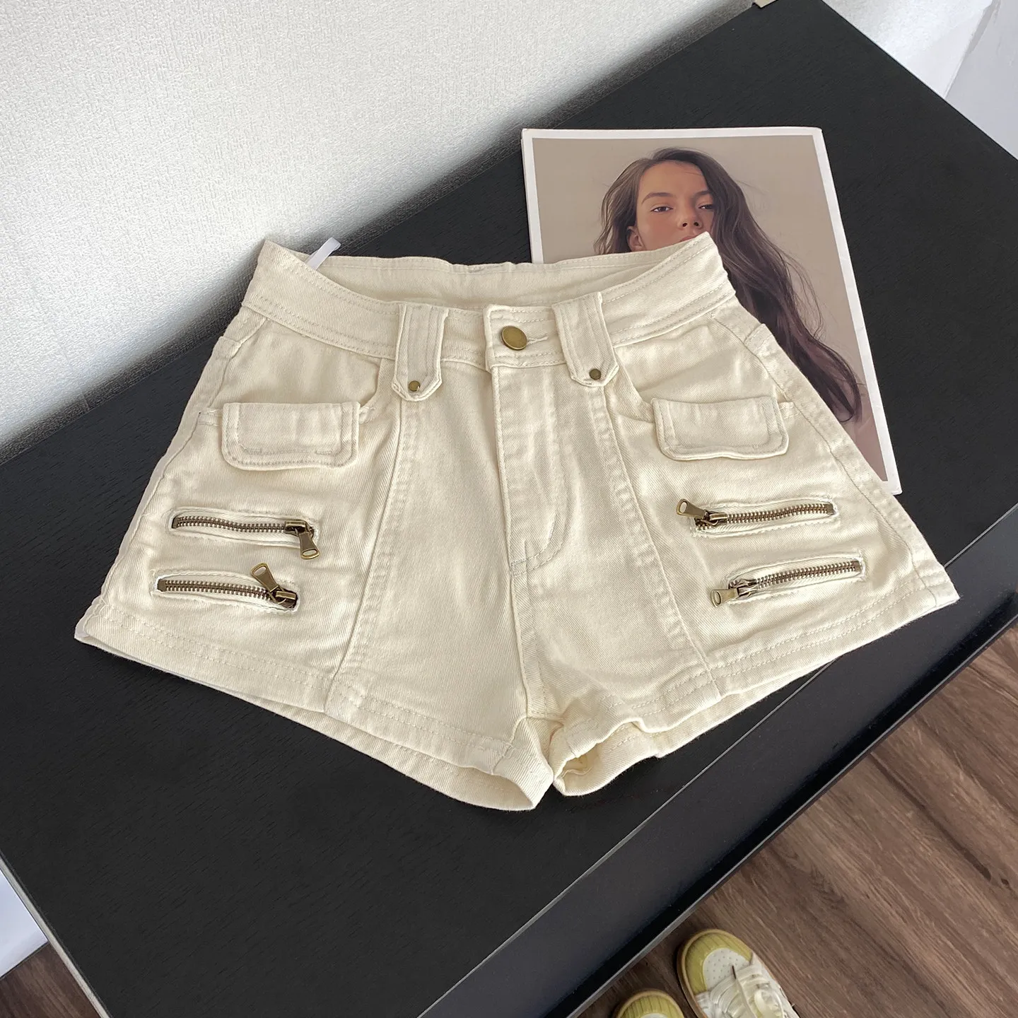 American Street Cargo Denim Shorts Women 2026 Summer High Waist A Word Spice Girl Hot Pants