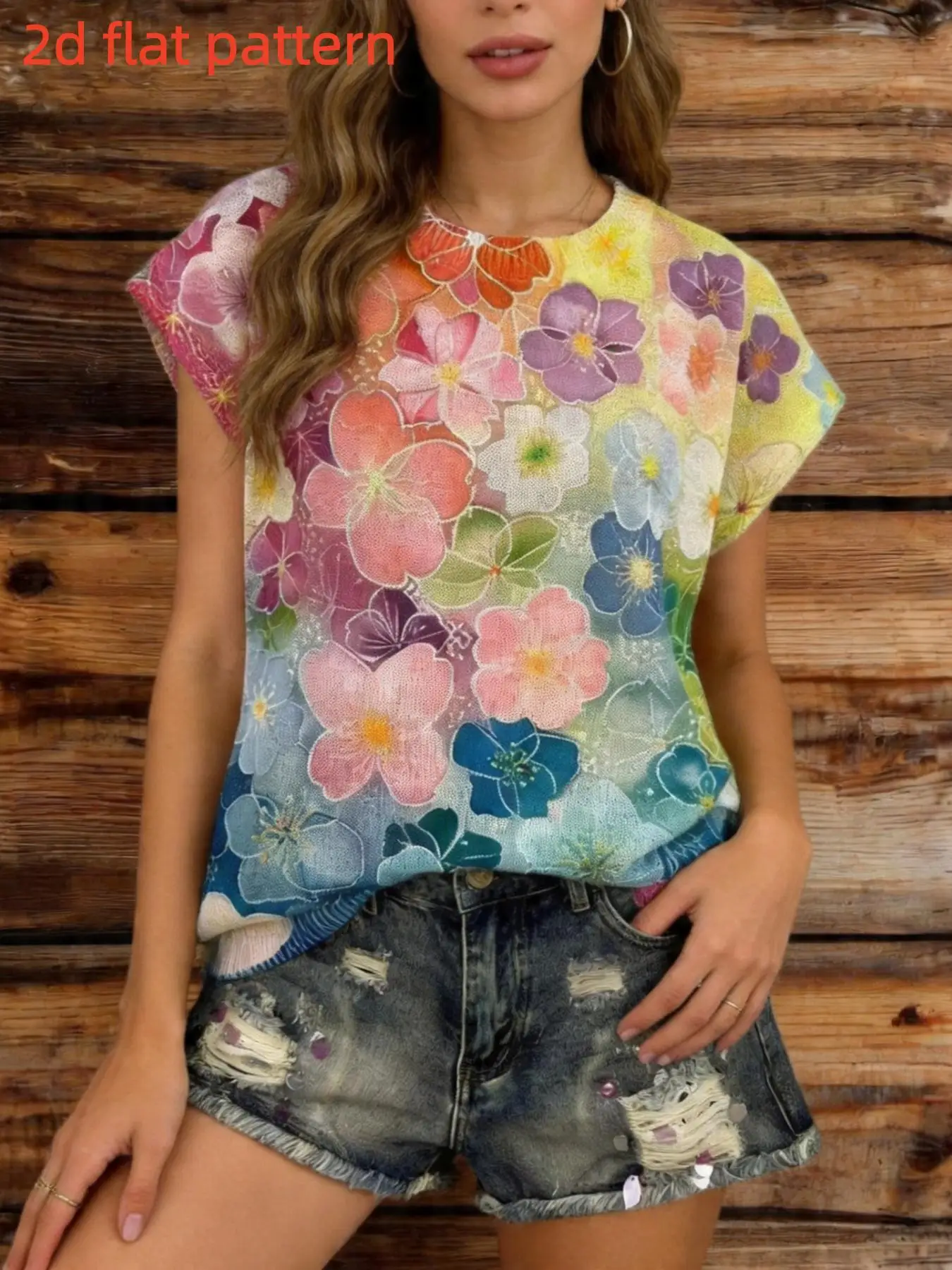 Printed Design - Nottextured Spring/Summer Fashion New Pullover Round Neck Sleeveless Women's Top with Floral Pattern Flat Digital Print Trendy Women's Clothing Ladies' Top
