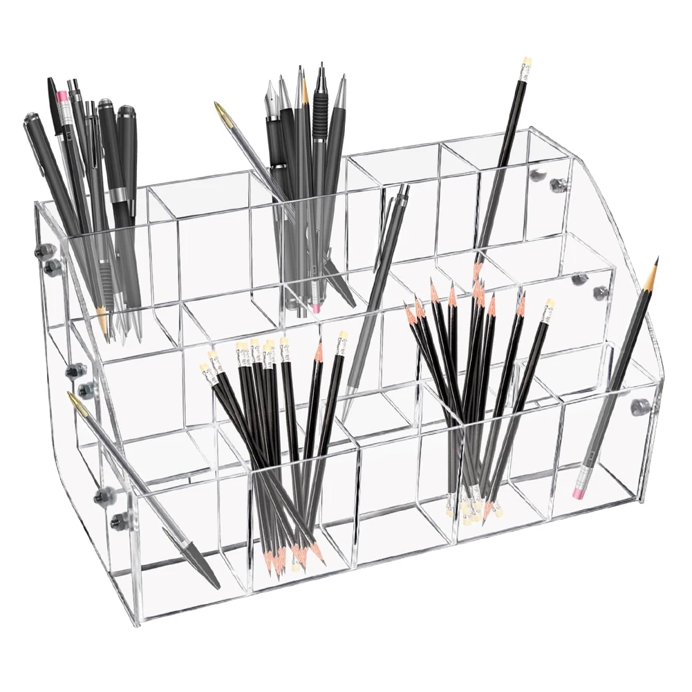 

Clear Pen Display Stand-3 Tier ＆ 15 Grid Trapezoidal Acrylic Pen Holder Transparent Pencil Holders Acrylic Organizer