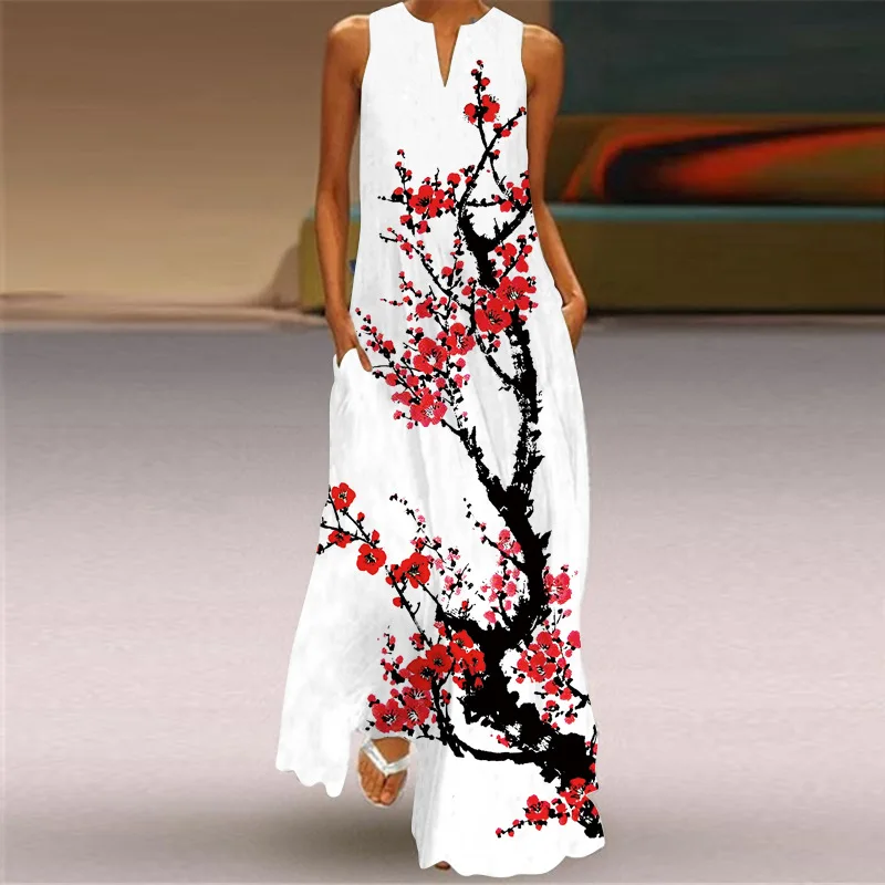 Vintage Print Maxi Dress For Women Summer Loose Sleeveless Long Dresses Elegant Lady V Neck Pocket Boho Beach Sundress Vestidos