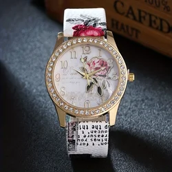 Boho Rhinestone Decor Quartz Watch Rose Flower Dial Analog PU Leather Dress Watch For Women